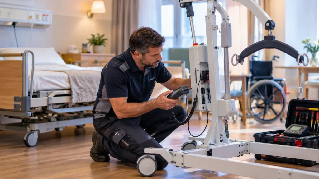 Keurmeester van OrcaCare keurt een tillift in een zorginstelling met een meetapparaat