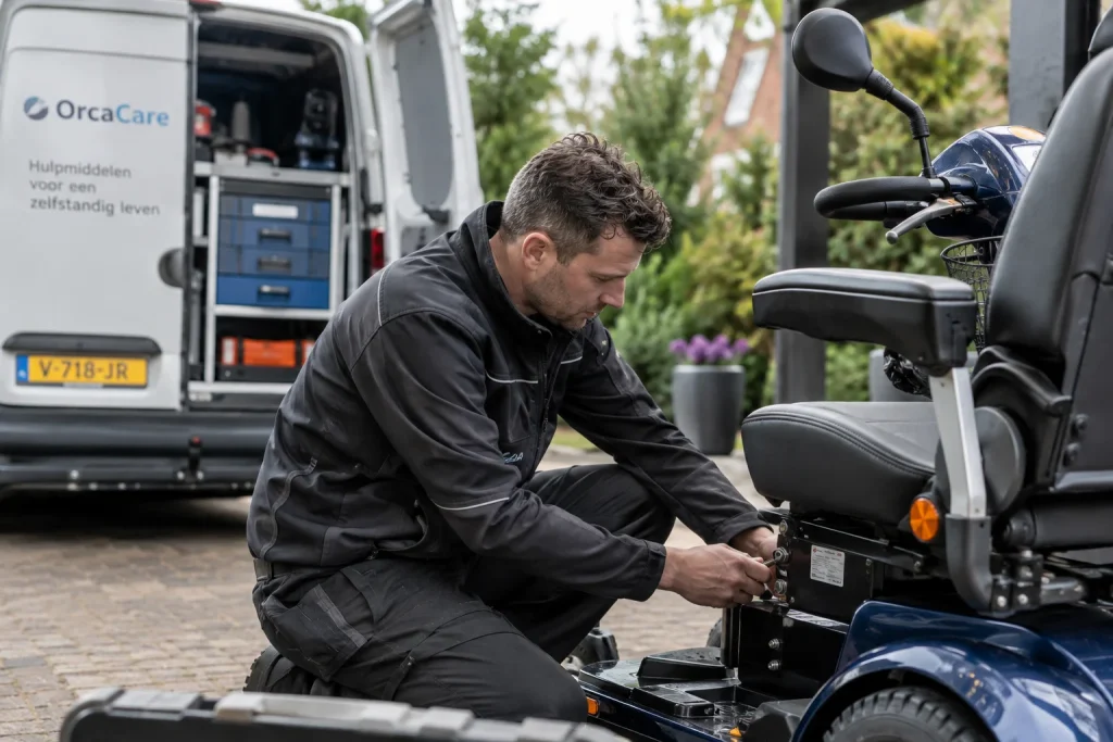 Servicemonteur buitendienst van OrcaCare repareert een scootmobiel naast de servicebus